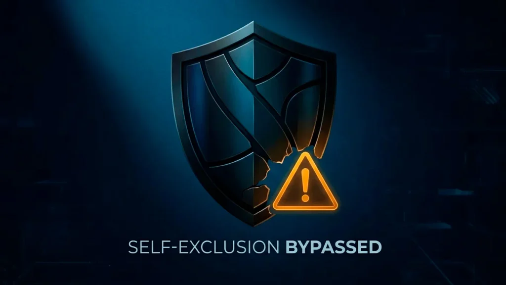A warning triangle placed over a self-exclusion shield with a gap in its edge, signalling that offshore sites bypass an active GamStop exclusion.