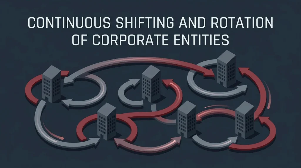 Several identical faceless company icons linked by looping arrows that cycle between them, depicting a network rotating corporate entities and licences to evade accountability.