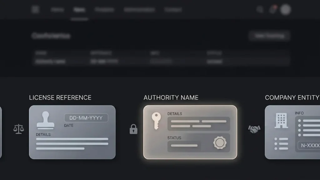 A website footer area highlighting a licence reference, issuing authority name and company entity details