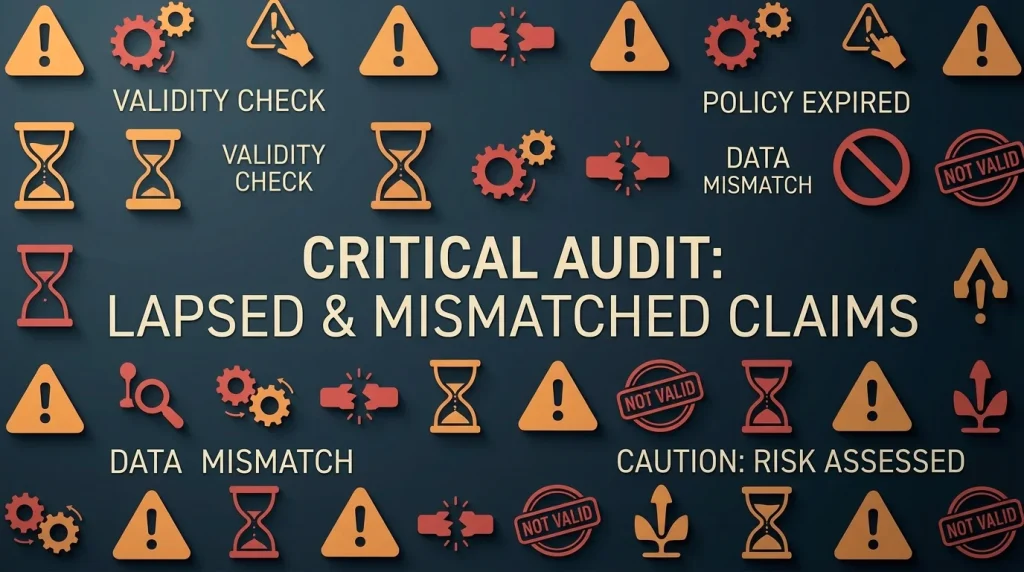 A set of warning markers representing lapsed, mismatched and unverifiable licence claims on gambling sites