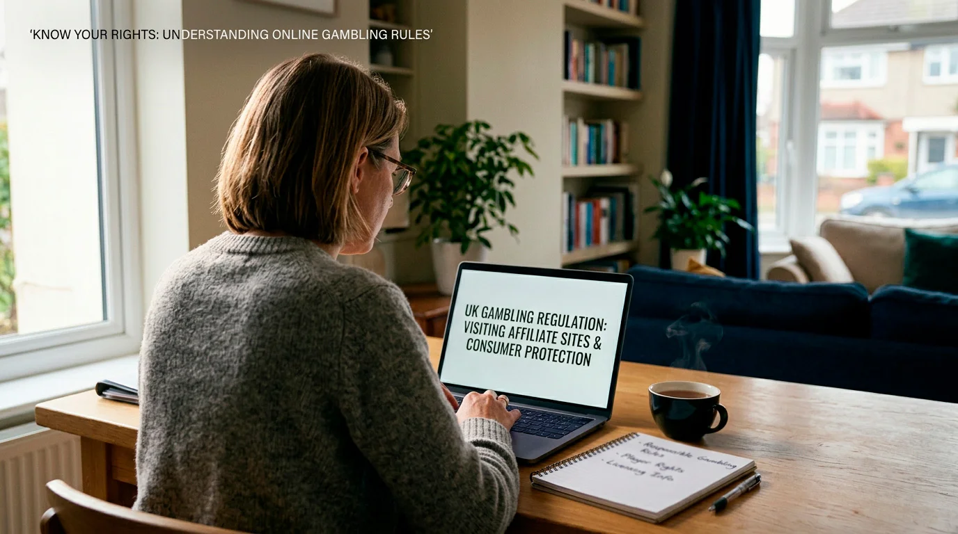 A British player at a laptop reviewing online gambling regulation information