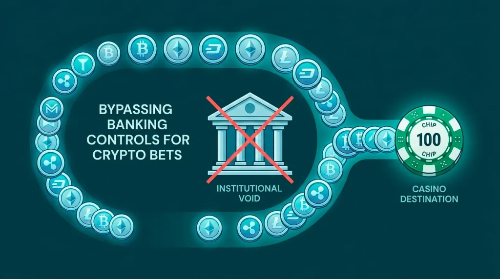 Generic cryptocurrency tokens flowing past a struck-through bank symbol toward a casino chip, showing crypto bypassing regulated banking controls offshore.