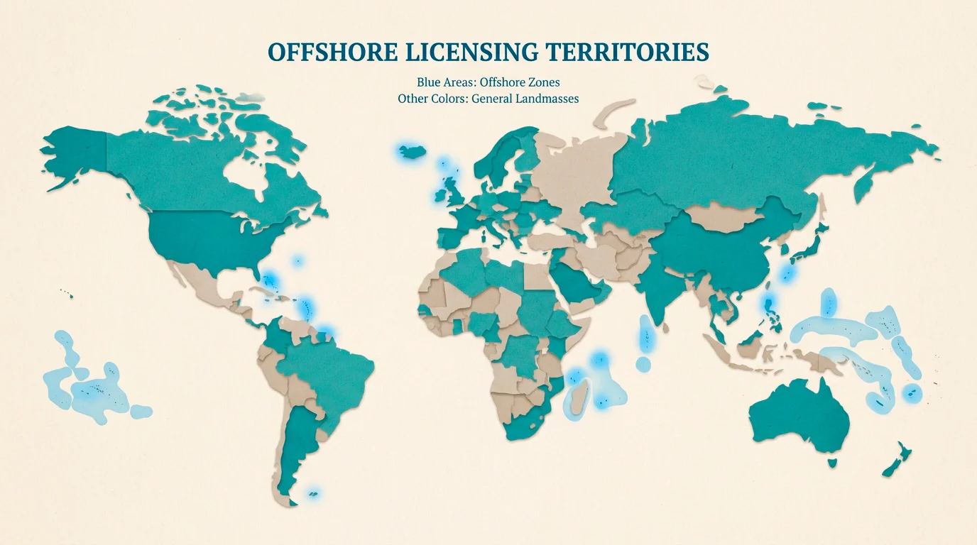 Stylised world map highlighting offshore gambling licensing territories