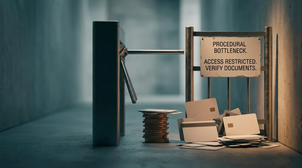 A coin stack halted at a narrow turnstile while documents pile up beside it, illustrating deferred identity checks blocking a withdrawal at cash-out.