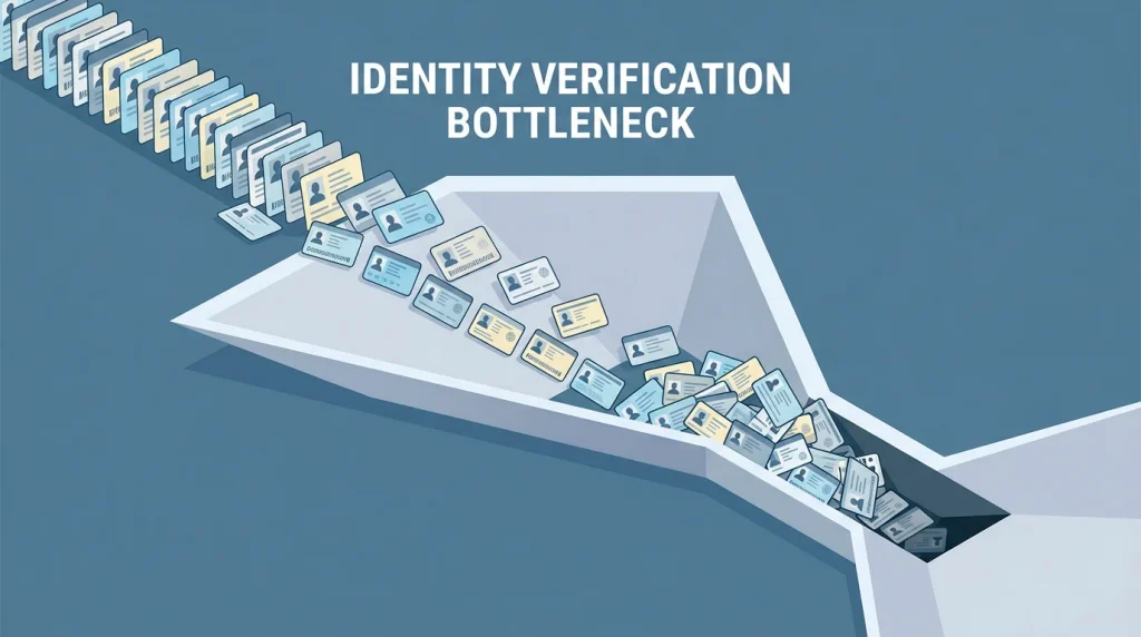 A funnel narrowing at a withdrawal point with identity documents queued behind it, illustrating deferred KYC checks becoming a cash-out bottleneck.