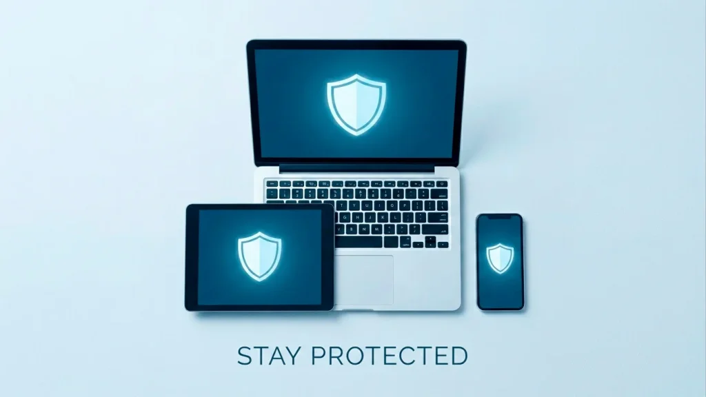 A laptop, tablet, and phone each showing a shield icon, representing device-level gambling blocking software installed across several devices.