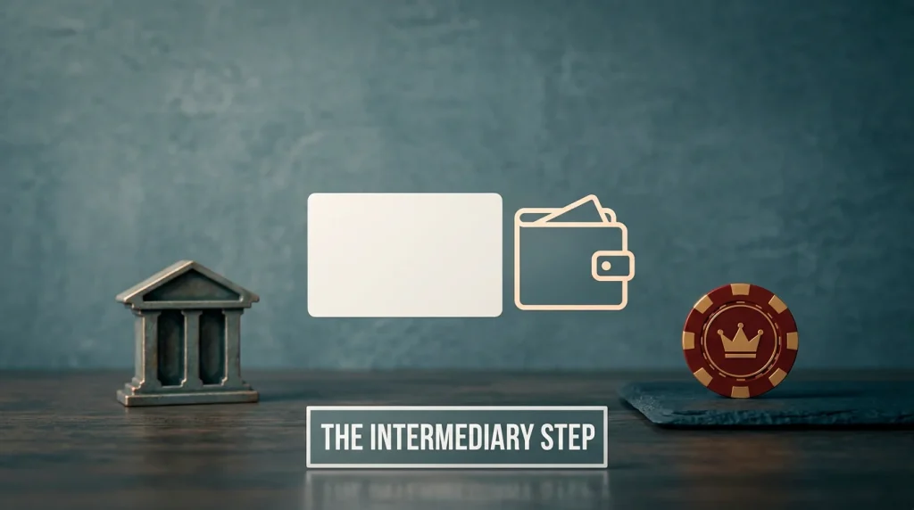 A prepaid voucher and an e-wallet icon positioned between a bank symbol and a casino chip, showing the intermediary layer that lets offshore payments through.