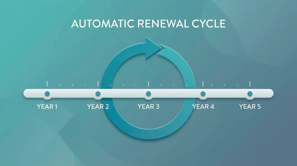 A renewing-cycle icon over a five-year timeline, showing how a GamStop auto-renewal extension continues unless the user opts out.