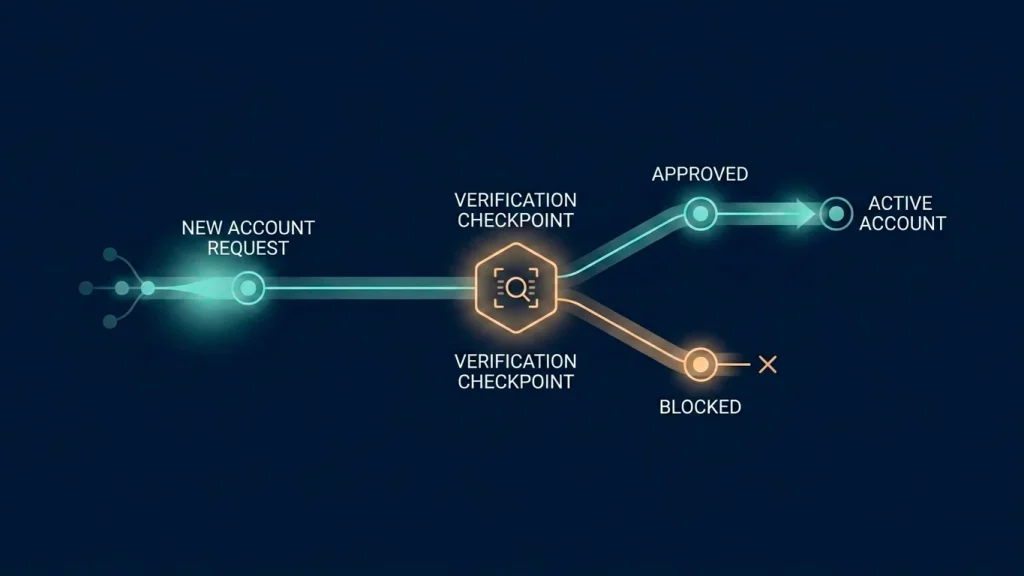 Sequence showing a new casino account being checked against a self-exclusion register before approval
