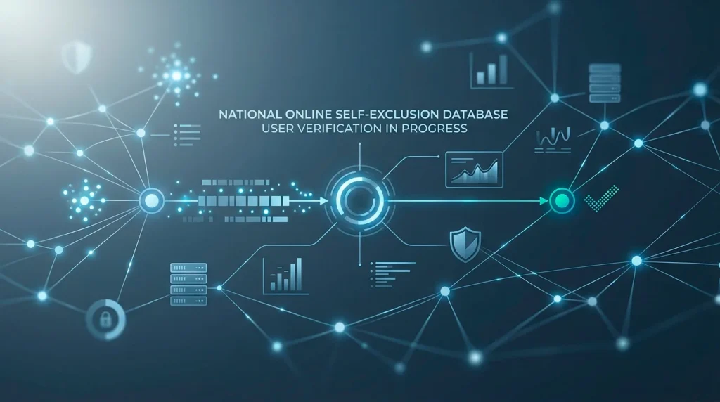 Diagram-style illustration of a national online self-exclusion database checking a player registration in real time