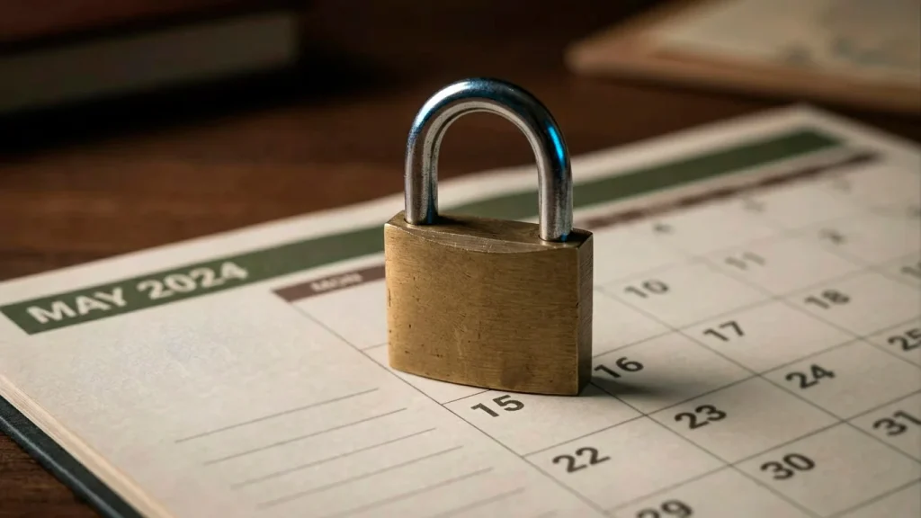 A closed padlock resting on a printed calendar, illustrating that a GamStop exclusion period stays locked until it expires.