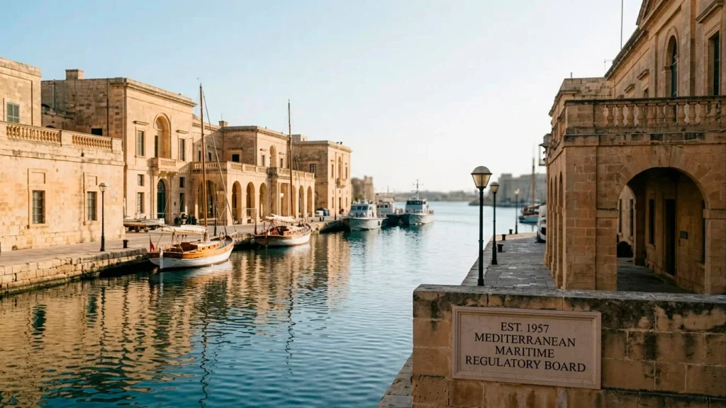 Mediterranean coastal scene representing an established European gambling regulator with formal institutional tone