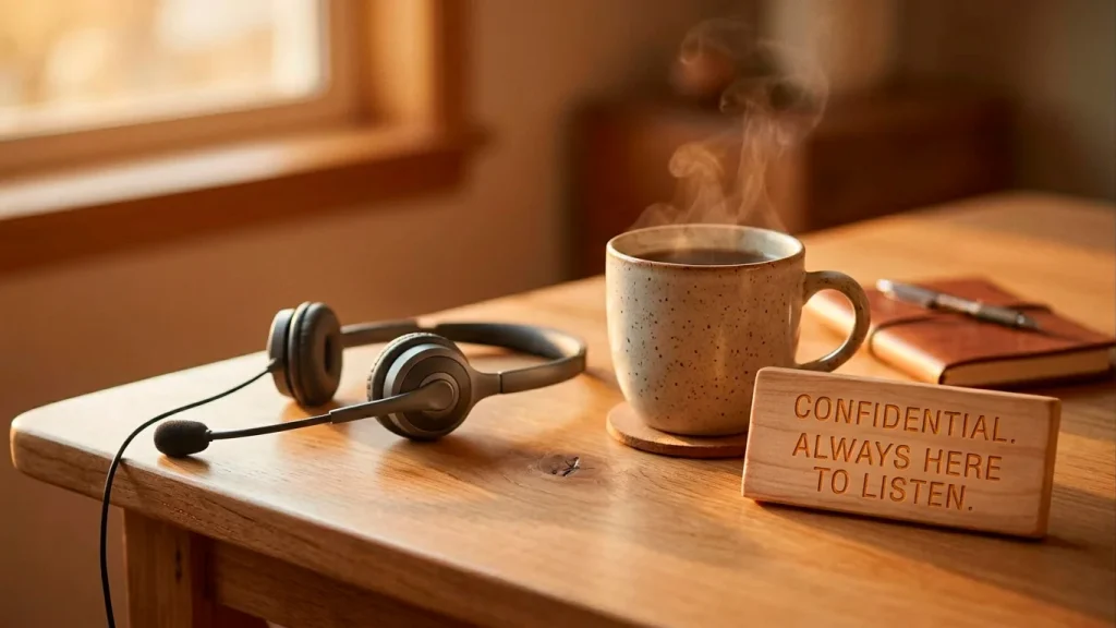 A warmly lit headset resting beside a mug on a desk, suggesting a confidential, round-the-clock support conversation with a gambling helpline adviser.