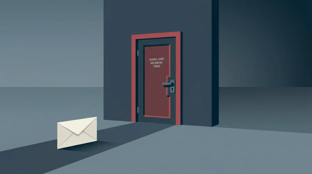A complaint envelope facing a closed door with no onward path, representing the absence of a UK-approved dispute-resolution route for offshore players.