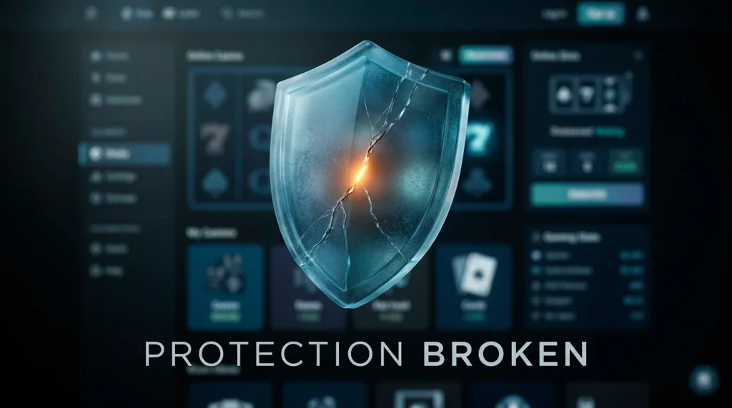 A shield with a visible crack over a stylised offshore casino interface, representing the loss of UK consumer protection at casinos not on GamStop.