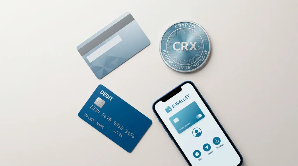 A debit card, e-wallet icon, prepaid voucher, and cryptocurrency token arranged together, representing the payment methods UK players meet at non-GamStop sites.