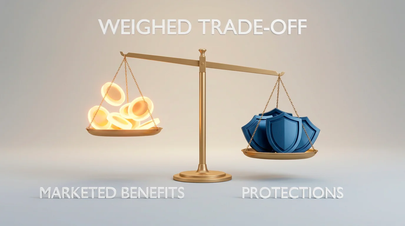 A balanced scale weighing marketed benefits against lost protections