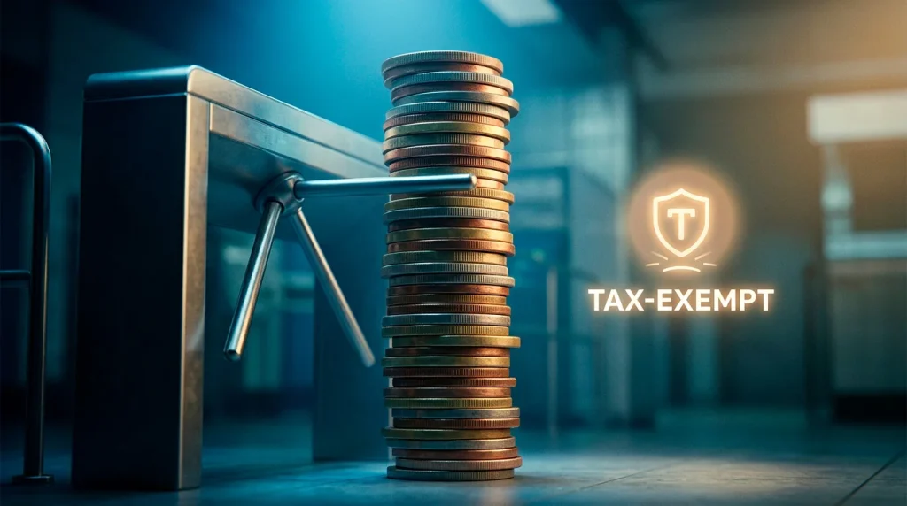 A stack of coins blocked at a turnstile beside a tax-exempt symbol, representing offshore withdrawal disputes and tax-free UK gambling winnings.