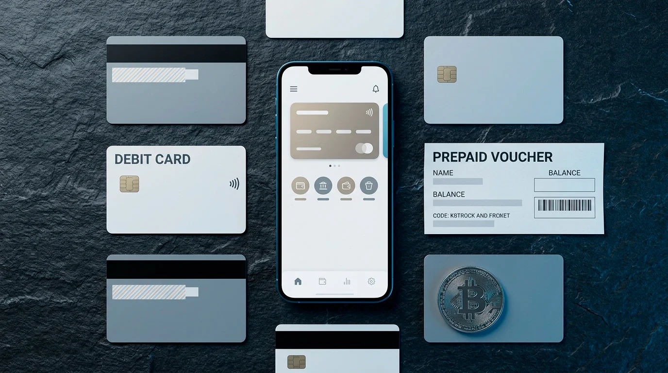 Assorted payment cards, an e-wallet phone screen and a coin symbolising crypto