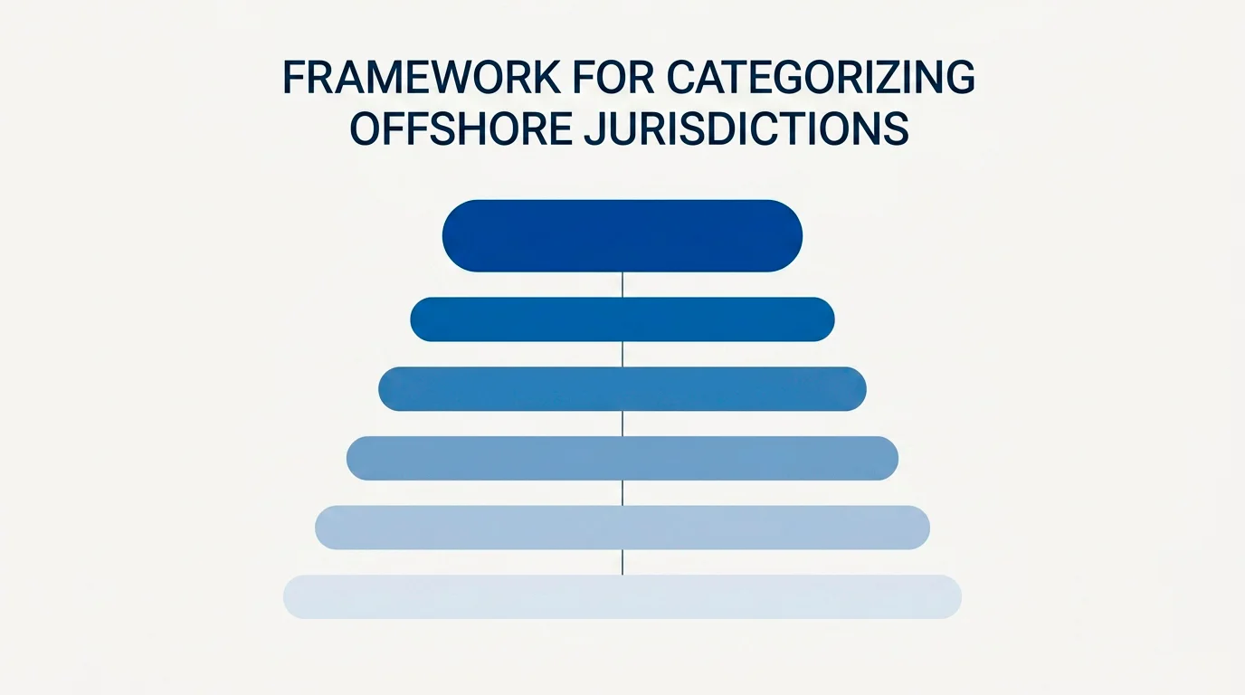 Diagram-style arrangement of offshore licensing jurisdictions by relative credibility