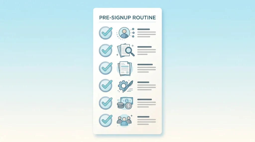 A tidy checklist representing licence verification steps before signing up to an offshore gambling site
