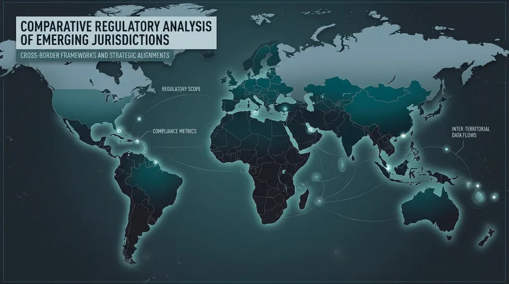 Stylised world map highlighting several small offshore gambling licensing territories with comparison markers