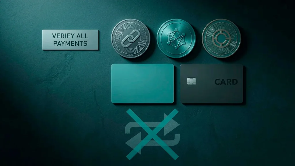 Cryptocurrency tokens, a prepaid voucher, and a credit card beside a blocked bank-transfer symbol, showing payment routes used to bypass UK bank gambling blocks.