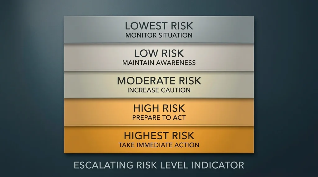 Risk categories represented as graded warning bands covering protection gaps and disputed redress
