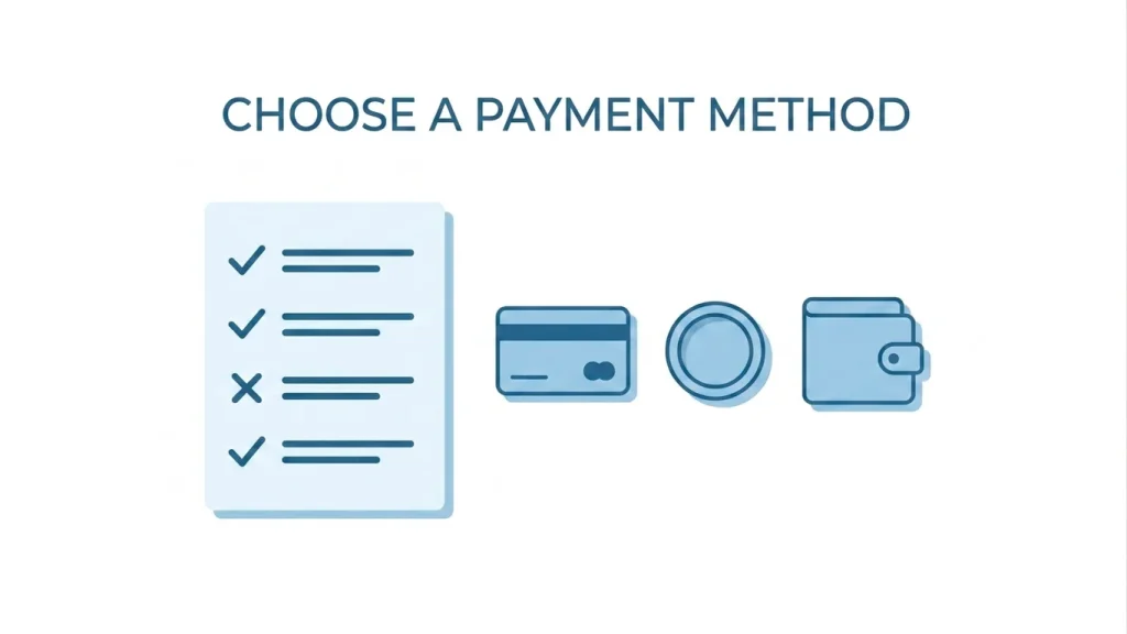 A simple checklist beside payment-method icons with ticks and crosses, representing assessing each funding option as a risk signal before depositing.