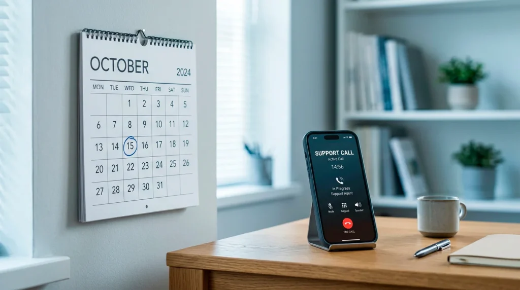 A calendar and a smartphone showing a support phone line, representing the GamStop self-exclusion removal process after the chosen period ends.