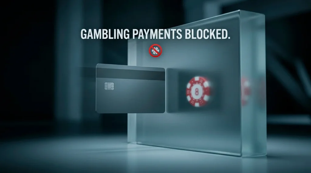 A bank card meeting a barrier symbol with a gambling icon behind it, illustrating UK banks blocking transactions to offshore gambling sites.