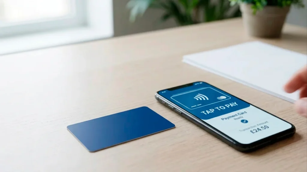A debit card beside a phone showing a mobile-wallet tap-to-pay screen, representing the regulated UK payment baseline of debit cards and e-wallets.