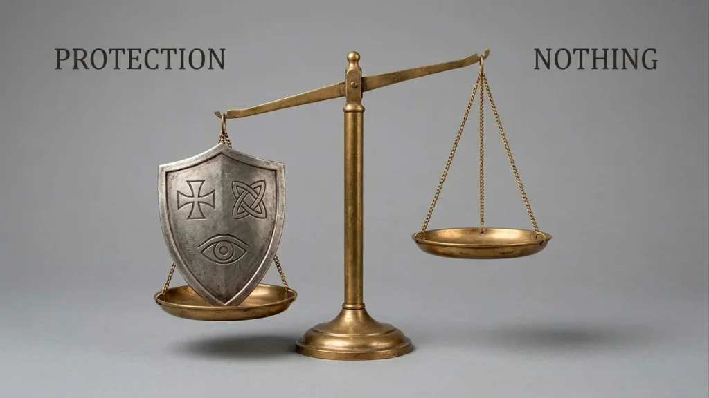 A balance scale weighing a solid shield labelled with protection icons against an empty pan, showing the consumer protection a UK player gives up offshore.