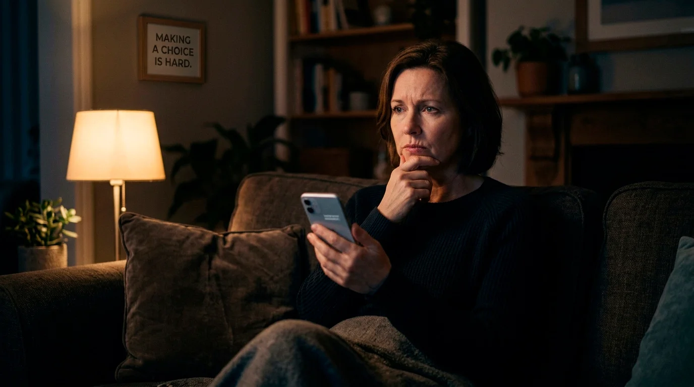 A person weighing a decision in front of a phone, suggesting conflicted intent
